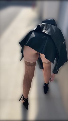 Lady Oups Touristic Visit in Micro Leather Skirt No Panties and Sexy Stockings