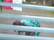 Neighbor in bathrobe without panties and bra dries washing courtyard, neighbour watching out window