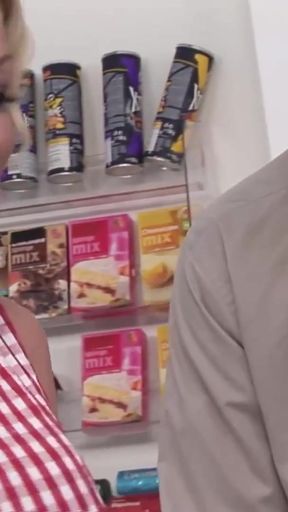 Emotional moment from "Compensating the blonde milf with big tits who found a dildo inside the store with a dirty threesome"