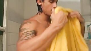 Strong and hot Brazilian steed strokes off after shower