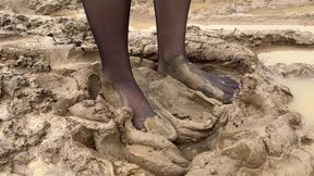 Black stockings in mud, walking barefoot in stockings, muddy stockings, feet in mud, wrecked stockings