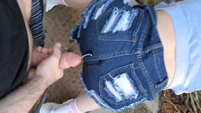 Outdoor blowjob for jeans fan! Tranny ass full with cum and everyone can see it!