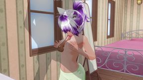 3D Hentai Girlfriend in Green Pajamas Rubs Cock with Boobs and Sucks It