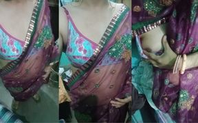 Indian Gay Crossdresser Gaurisissy Showing Her Full Body and Pressing and Playing with Her Big Boobs in Pink Saree