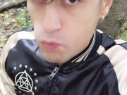 Drinking cum load from used condom, rinsing mouth with cum and swallowing cum outside