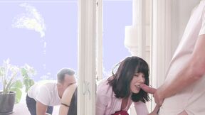 ”FAMILY STROKES Hot Amber Chase gets stucked & ravaged on the window”