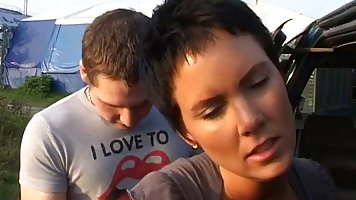 Short haired, Swedish brunette, Anna is having sex in a public place, with a random guy