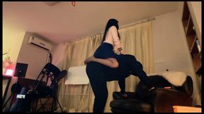 Boots Queen master ponyplay and shoulder ride on her ponyboy piggyback and spurring and whipping #CL019