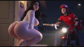 Curvy Woman In Translucent White Outfit Talks To Pizza Delivery Guy At Her Front Door At Night AI generated