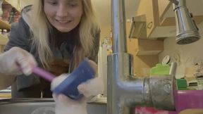 Naughty Kitchen Dishwashing in Yellow Rubber Gloves