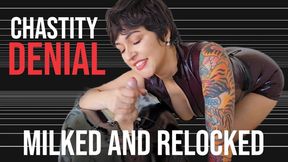 Latex Cock Milking Orgasm Denial: Trans Girl Sub Relocked in Pink Chastity by Miss Electra