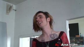 Goth amateur sucking a thick cock and chocking on wet balls