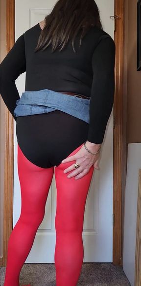 Jaw-dropping moment from "CD tease. Pantyhose, leotard, skirt. Feeling myself all over."