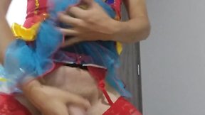 Amy crossdressing in red lingerie