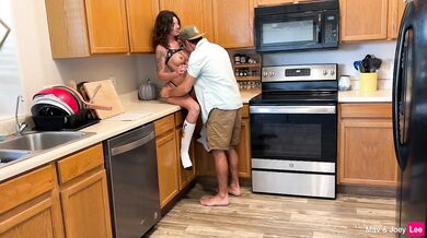 Big boobs milf gets a sudden hard fuck while cleaning the kitchen