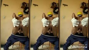 Worker smoking, sagging, gloves