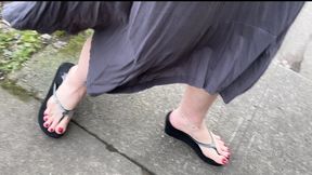 Candid Big Feet Walking In Wedge Flip Flops