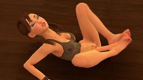 american girl uses a dildo with her feet.