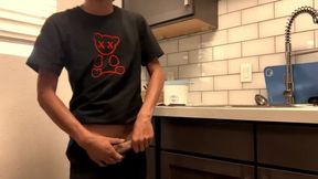 Twink Asian cutie wanks hard in messy kitchen