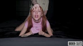 Hot redhead teen drops on her knees to worship her man's huge cock with her mouth, then gets her pussy obliterated with it