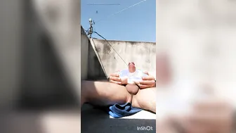 Neighbor catches me jerking on the terrace and joins in for bareback anal