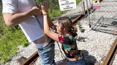 Tied wife takes double creampie from two men in public