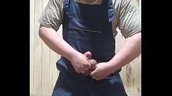 Full video: a Russian GAY in a construction jumpsuit jerks off his hard cock, cums loudly with a lot of cum, eats fresh cum, and dumps it on his face!
