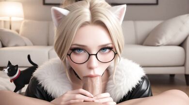 AI Blonde Bun Catgirl Sucked His Big Dick Until Cream Pies Shot