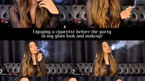 Enjoying a cigarette before the party in my glam look and makeup