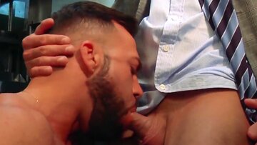 Nipple pierced hairy businessman drilling hard aft
