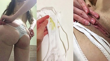 Girl shows dirty piss-stained panties with yellow urine stains and masturbates unwashed pussy close-up
