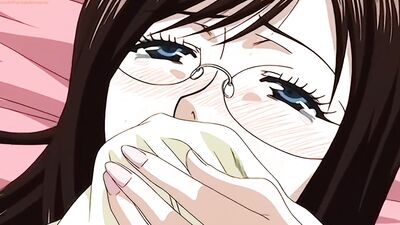 Big-titted glasses-wearing babe strips down and rides hard in steamy hentai