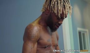 Blond muscle jock Debonair endures BBC spitroasting from Phoenix and Tru