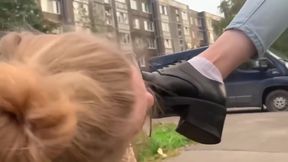 Blonde Lezdom Gets Her Feet In Stinky Socks Worshiped By A Female Slav