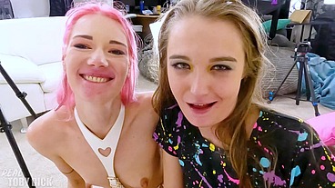 Fucking threesome with strap-on! Its a train!