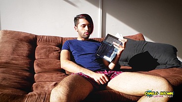 Latino with big uncut cock jerking off and moaning at sunset - Camilo Brown