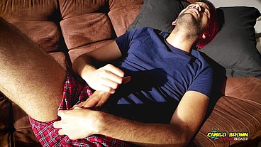 Latino with big uncut cock jerking off and moaning at sunset - Camilo Brown