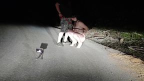 On public road total naked whore on leash and high heels pissing while sucking husband&#8242;s cock