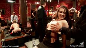 ”Slaves riding huge dick on bdsm table”