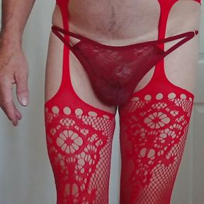 playing in my red stockings and thong