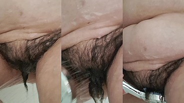 wife washing her hairy fat pussy and vagina