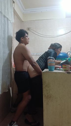 I fuck my stepsister in the kitchen, my aunt almost discovers us