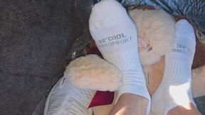 Chrissy sock play in car top view