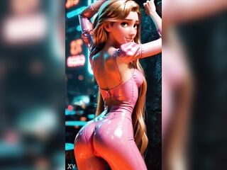 Rapunzel steps into the neon town, her golden hair flowing as her pink outfit glows brighter than the signs around her. The tower princess trades fairy tales for temptation below the lights…