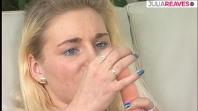 Blonde babe sucks then rides a hard huge cock