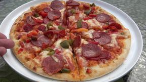 Topless Mature Eats Pizza Outside and Serves Her Tits on the Plate