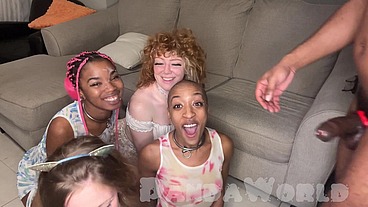 Interracial Anal MFFFF Orgy with 2 Ebony Anal Sluts & 2 Redhead White Girls