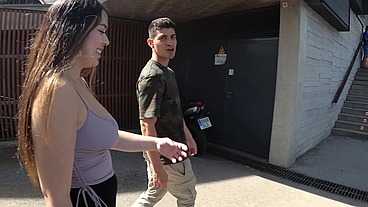 Public sex in Barcelona cable car with busty innocent teen