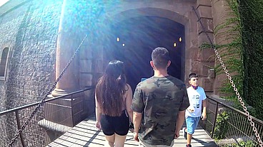 Public sex in Barcelona cable car with busty innocent teen