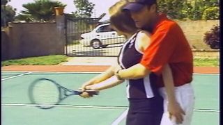 Lusty brunette gets horny after a tennis match and fucks a stud on the court